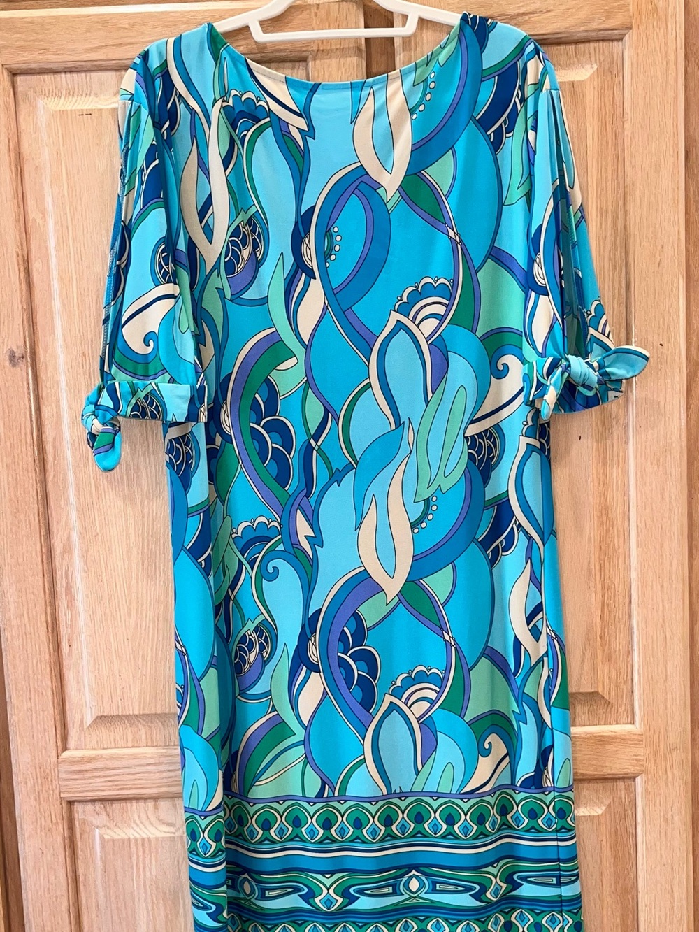 London Times Teal & Turquoise Abstract Print Knot-Sleeve Tunic